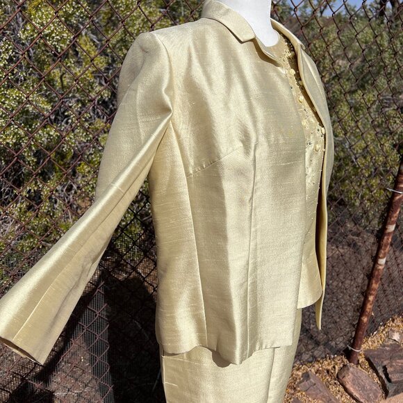 Vintage 60s 3-Piece Slubbed Silk Suit Embellished w/ Rhinestones, Pearls, Sz 14 - Picture 7 of 16